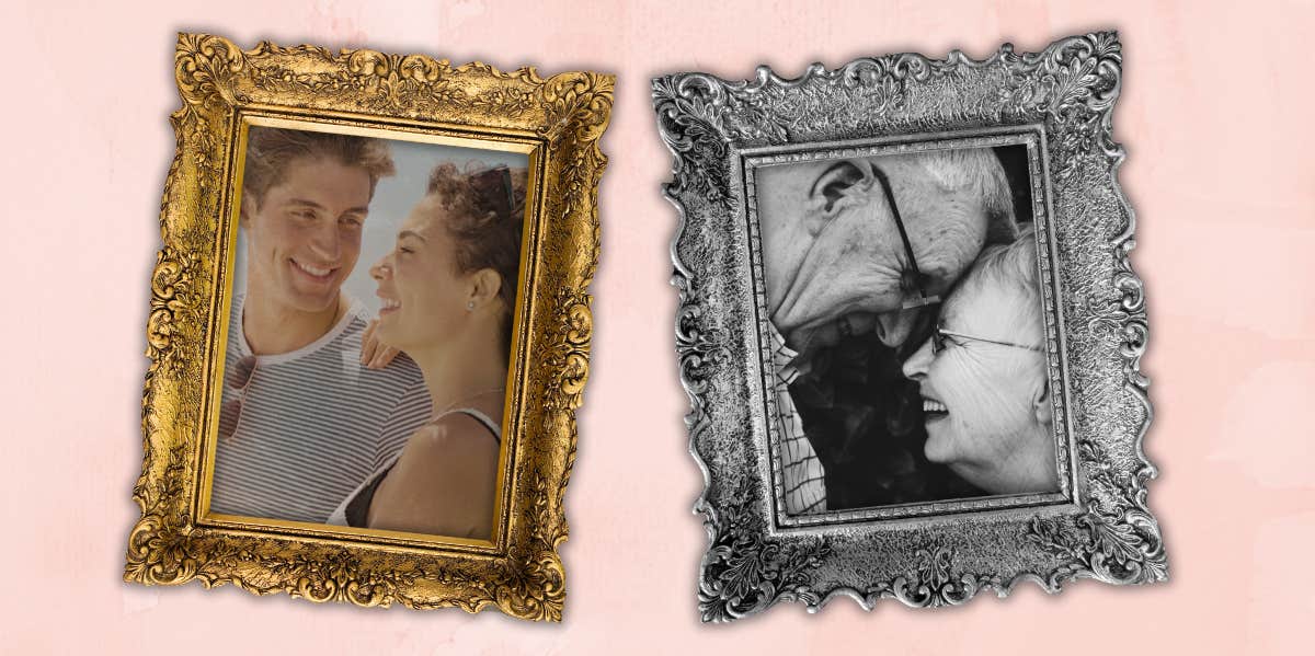 Strong Marriages Aren't Built On Being In Love framed photos side by side of a couple through the years
